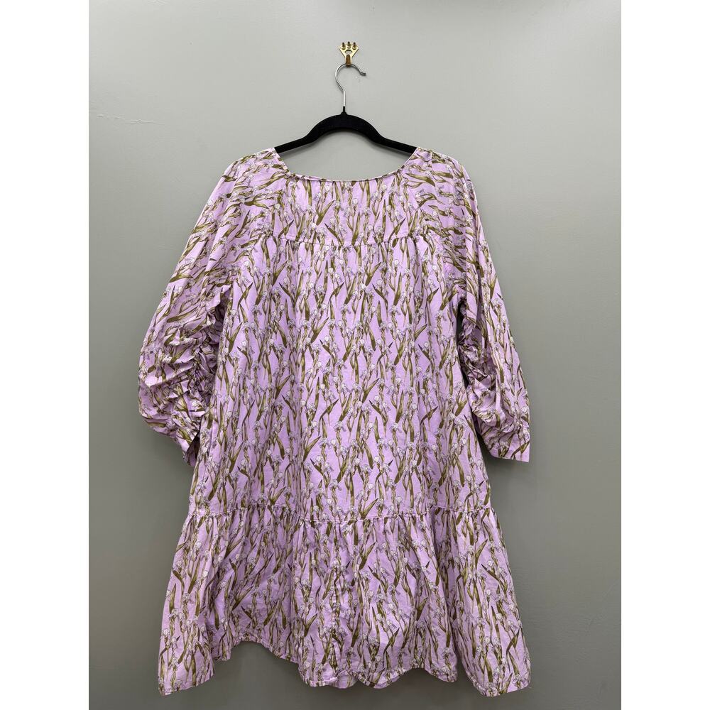 Happy X Nature Lavender Iris Floral Cotton Mini Dress L Puff Sleeve - Picture 2 of 6